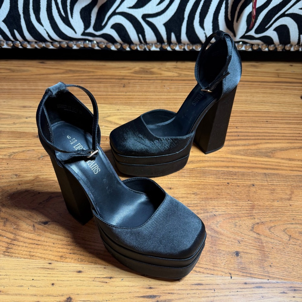 Dream Pairs Black Satin Platform Pumps Square Toe Block Heel Ankle Strap Size 9
